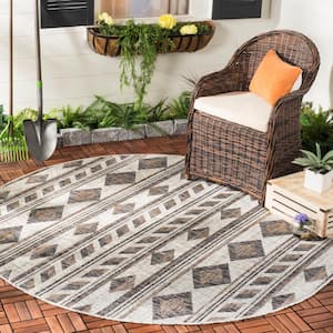 Courtyard Gray/Black 7 ft. x 7 ft. Round Striped Indoor/Outdoor Patio  Area Rug