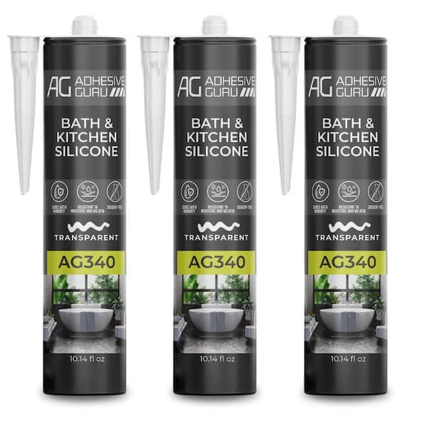 AG340 10.14 Oz. Bath and Kitchen 100% Silicone Sealant, Transparent Clear, Flexible Caulk (3 Pack)