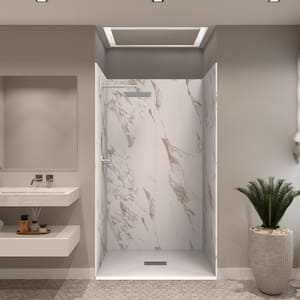 48 in. L x 34 in. W x 84 in. H Solid Composite Stone Shower Kit with Caramel Walls & Cntr White Slate Shower Pan Base