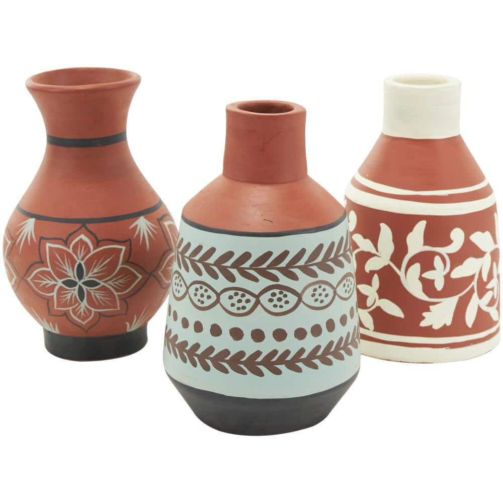 Litton Lane Orange Ceramic Floral Decorative Vase with 3-Different Patterns and Shapes (Set of 3)