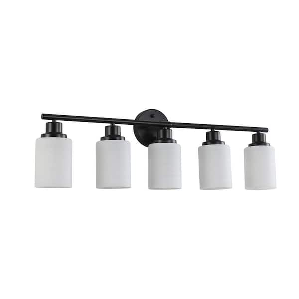 31.5 in. W 5-Light Vanity Lighting Fixture for Bathroom, Frosted White Glass with Black Frame, E26, No Bulbs Included