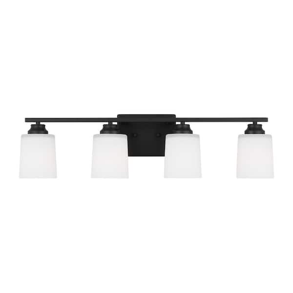 Generation Lighting Vinton 29 in. 4-Light Midnight Black Bathroom Vanity Light with Etched White Glass Shades and LED Light Bulbs