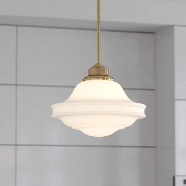 VAXCEL Huntley 1-Light Natural Brass Farmhouse Schoolhouse Pendant White Glass