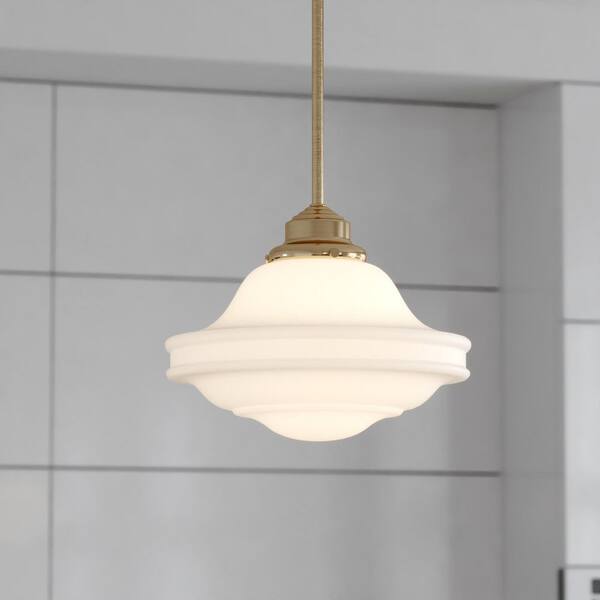 VAXCEL Huntley 1-Light Natural Brass Farmhouse Schoolhouse Pendant White Glass