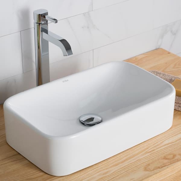 KRAUS Elavo 19.4 in. Rectangular Vessel Bathroom Sink in White Vitreous China with Ramus Faucet in Chrome