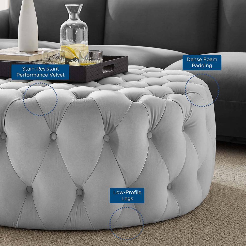 Luxurious Amour 40'' Light Gray Tufted Velvet Round Ottoman