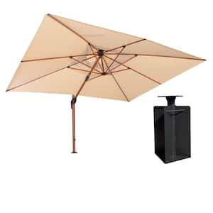 10 ft. x 13 ft. High-Quality Aluminum Wood Pattern Patio Umbrella Cantilever Umbrella with Base in Ground, Beige