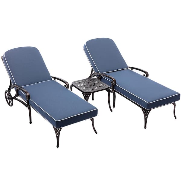 DESwan Messer Bronze 3-Piece Aluminum Outdoor Chaise Lounge with Blue Cushions and Table