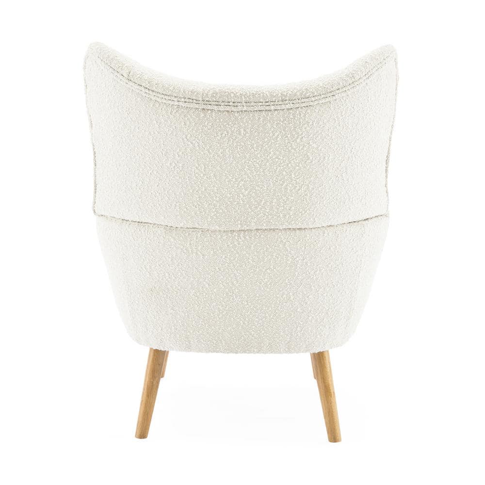 White Boucle Upholstered Accent Chair with Natural Wood Legs