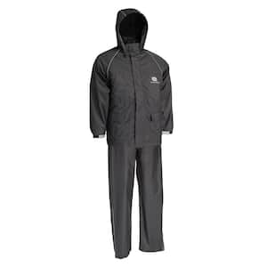 Men's Large Black Polyurethane-Coated Polyester Waterproof 2-Piece Rain Suit with 2 in. Storm Flap