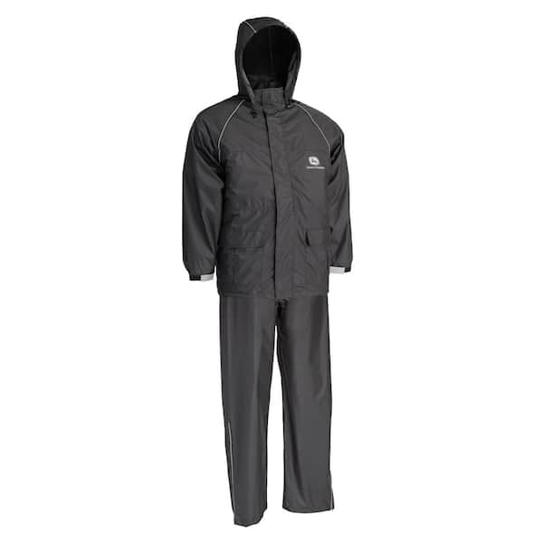 John Deere Men's Large Black Polyurethane-Coated Polyester Waterproof 2-Piece Rain Suit with 2 in. Storm Flap