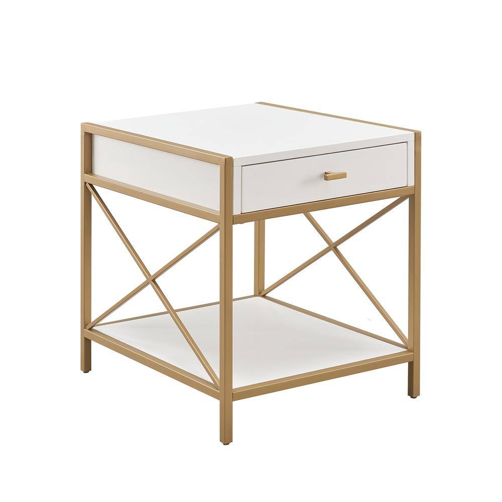 Claudette Gold Metal Frame and White Wood Top End Table with Drawer