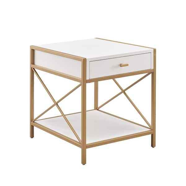 Leick Home Claudette White/Gold Mixed Metal and Wood Drawer End Table