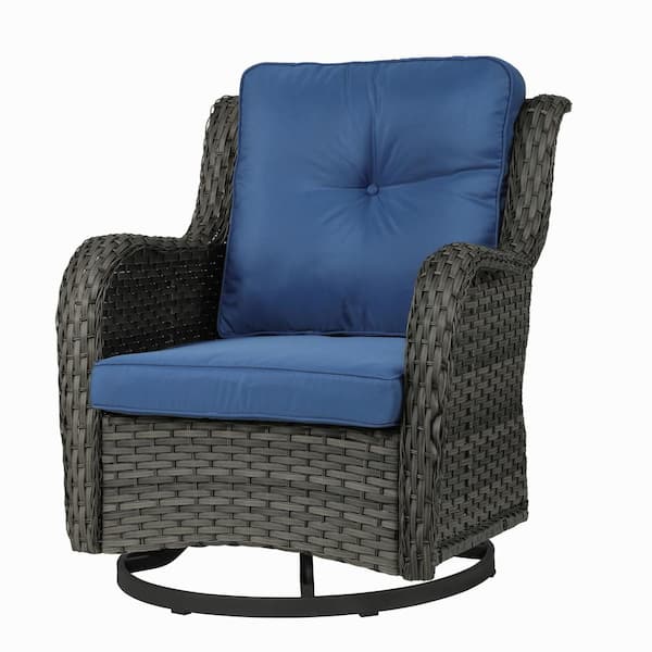 Wicker Rattan Gray Patio Outdoor Rocking Chair Swivel with Royal Blue Cushions Set of 1