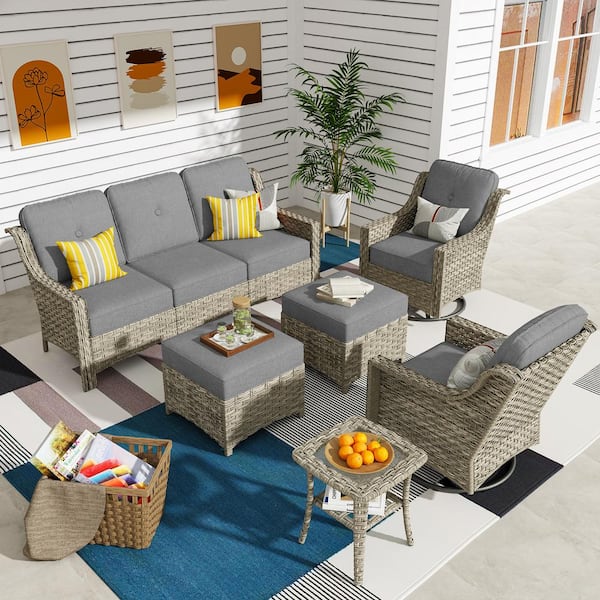 XIZZI Leila 6-Piece Wicker Patio Conversation Seating Sofa Set with Light Gray Cushions and Swivel Rocking Chairs