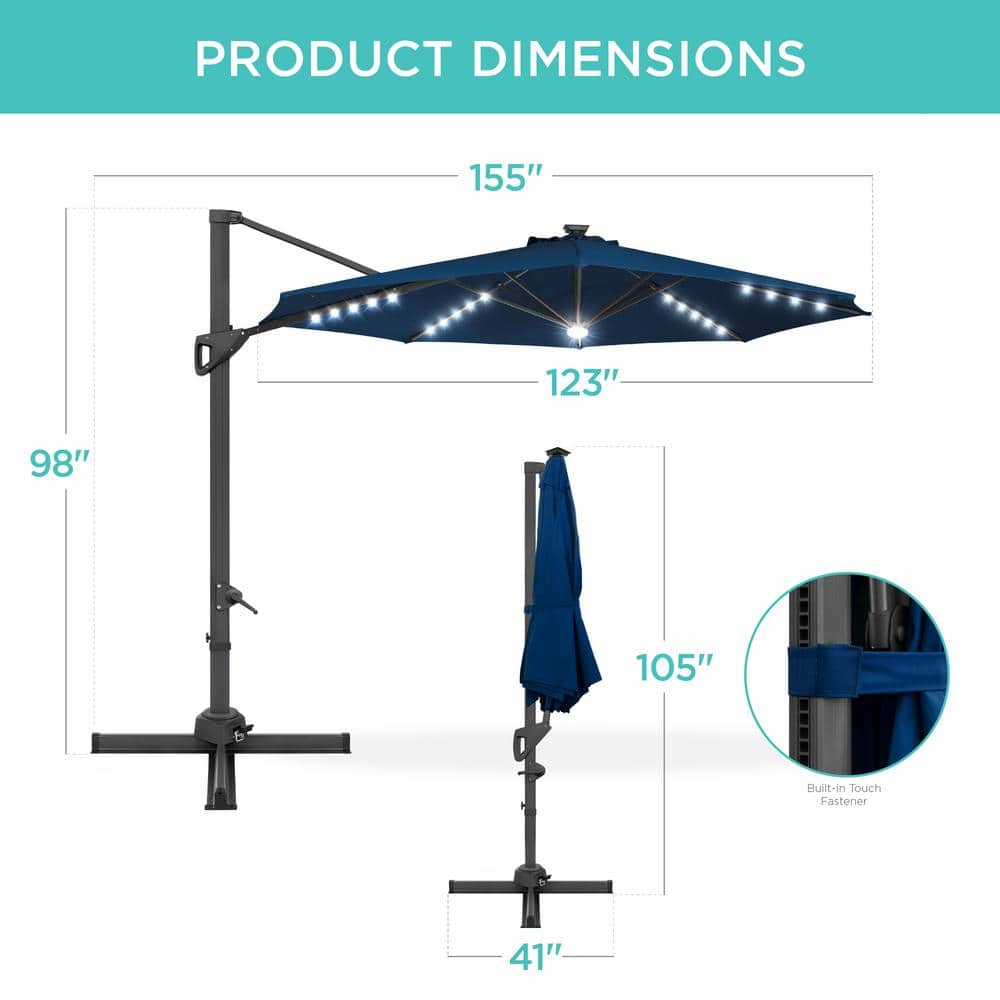 10ft Navy Blue Solar LED Cantilever Patio Umbrella with Cross Base