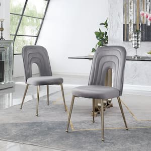 Gray Modern Accent Chair Velvet Upholstered Dining Chair Side Chair with Metal Legs (Set of 2)