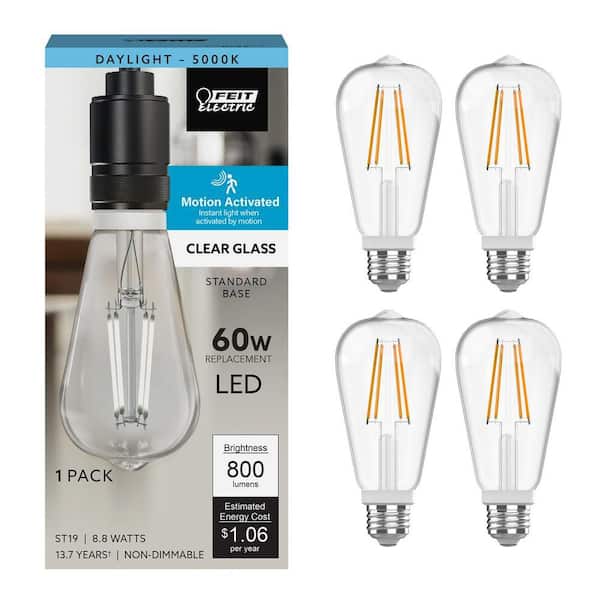 60-Watt Equivalent ST19 Edison Vintage Filament Clear Glass Motion Activated E26 LED Light Bulb Daylight 5000K (4-Pack)