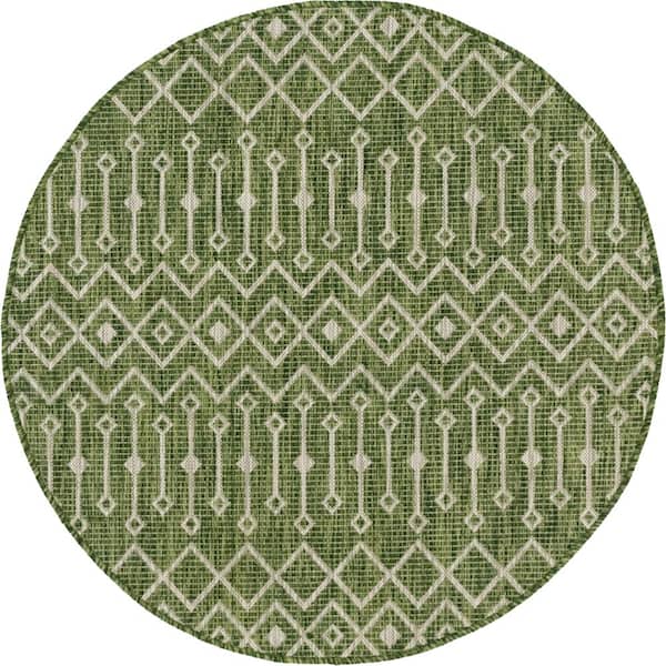 Unique Loom Green/Gray Tribal Trellis Outdoor 4 ft. Round Area Rug