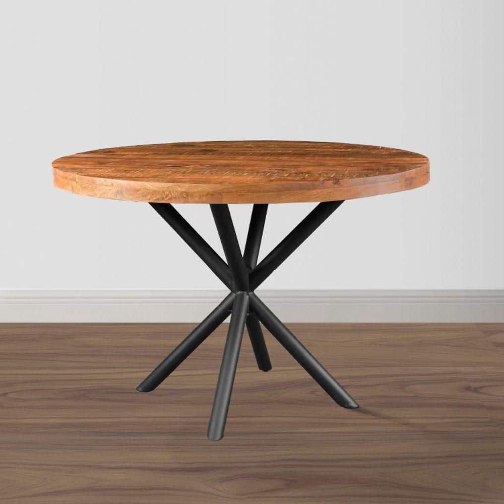 Rustic Farmhouse 48" Round Solid Mango Wood Dining Table with Iron Legs
