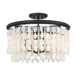 Shimmering Elegance 20 in. 4-Light Sand Black Semi-Flush Mount with Quartz Crystal Shade and No Bulbs Included