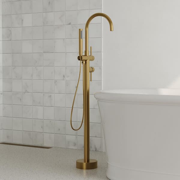 Double Handles Floor Mounted Free Standing Tub Faucets with Hand Shower in Brushed Gold (Valve Included)