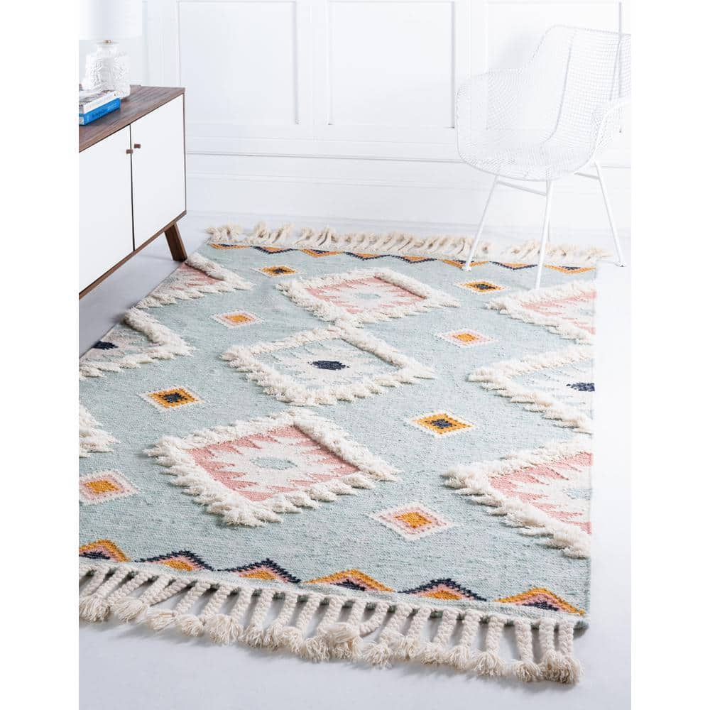 Light Aqua Geometric Hand-knotted Wool Area Rug
