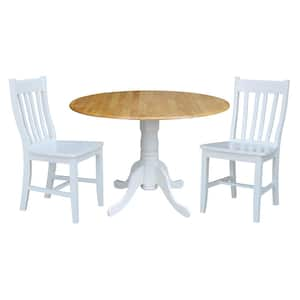 3-Piece 42 in. White/Natural Dual Drop Leaf Table Set with 2-Side Chairs