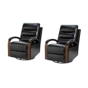 Joseph Genuine BLACK Leather Swivel Manual Recliner with Wooden Arm Accents and Straight Tufted Back Cushion (Set of 2)