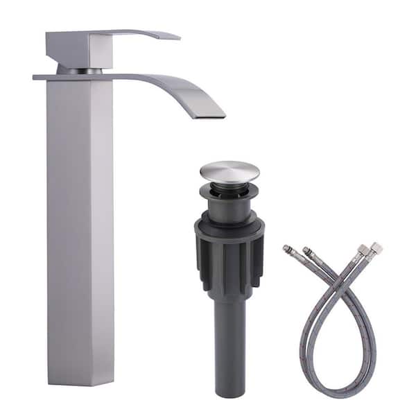 WOWOW Single Handle Waterfall Single Hole Bathroom Faucet with Drain Kit Included in Brushed Nickel