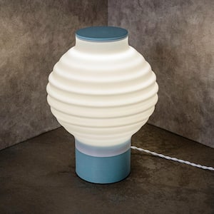 Asian Lantern 15 in. White/Blue Vintage Traditional Plant-Based PLA 3D Printed Dimmable LED Table Lamp
