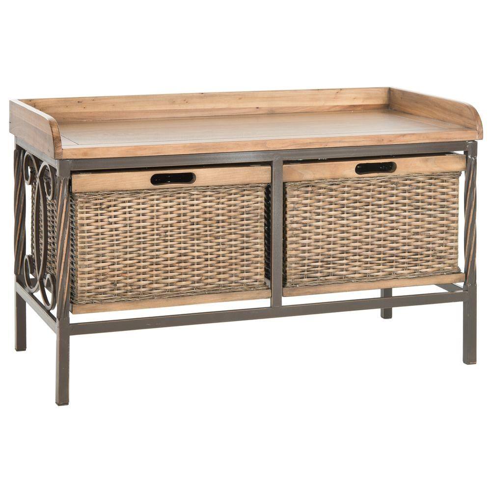 Noah Rustic Oak and Wicker Storage Bench with Drawers