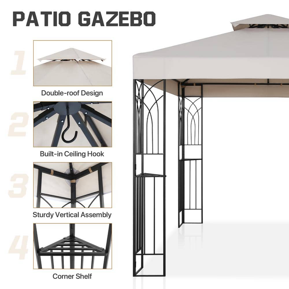 Beige 8x8 Metal Patio Gazebo with Double Roof