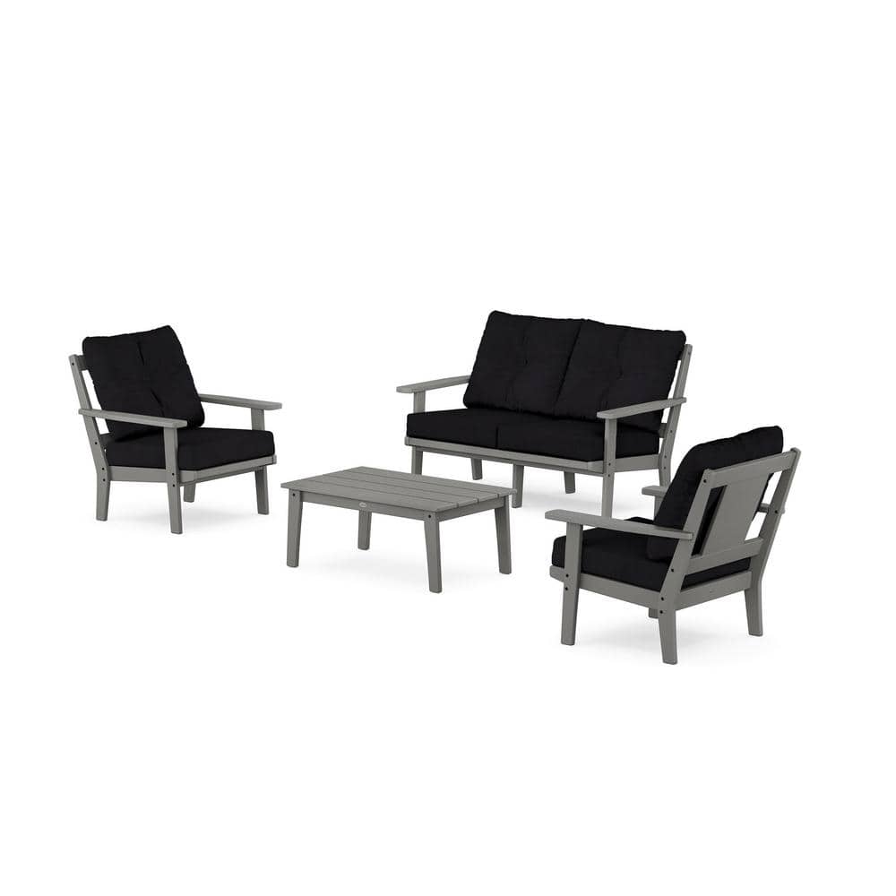 POLYWOOD Prairie 4Pcs Plastic Patio Conversation Set with Loveseat in Slate Grey/Midnight Linen