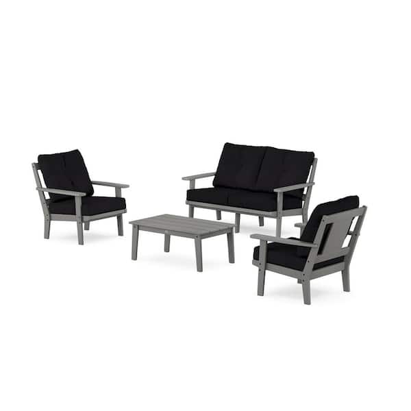 POLYWOOD Prairie 4-Pcs Plastic Patio Conversation Set with Loveseat in Slate Grey/Midnight Linen Cushions