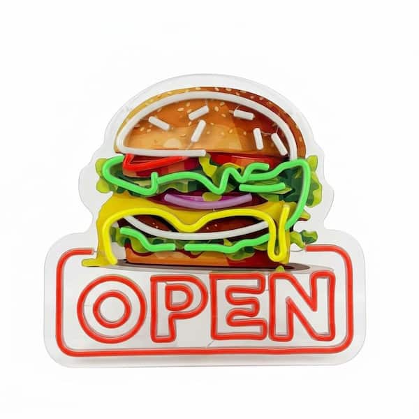 LED Neon Sign Open Hamburger Shape Acrylic Wall Decor Light for Business Restaurant Bar Party Snack Shop Gift