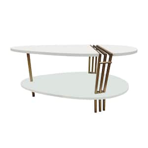 36 in. Antique Brass White Oval Elliptical Mango Wood Coffee Table with 5 in. Rounded Metal Legs