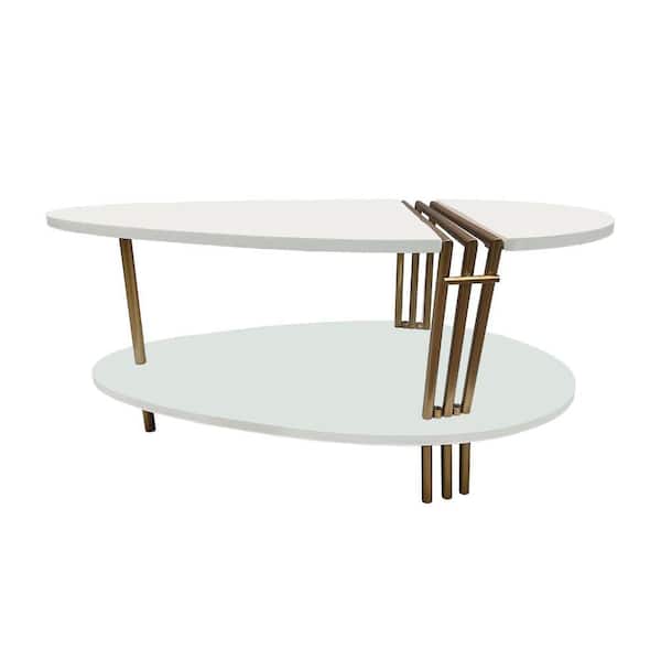 THE URBAN PORT 36 in. Antique Brass White Oval Elliptical Mango Wood Coffee Table with 5 in. Rounded Metal Legs