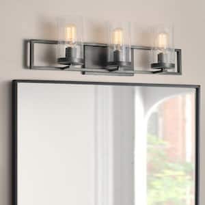 Modern Brushed Gray Linear 3-Light Vanity Light Bathroom Powder Room Arched Mirror with Cylinder Seeded Glass Shades