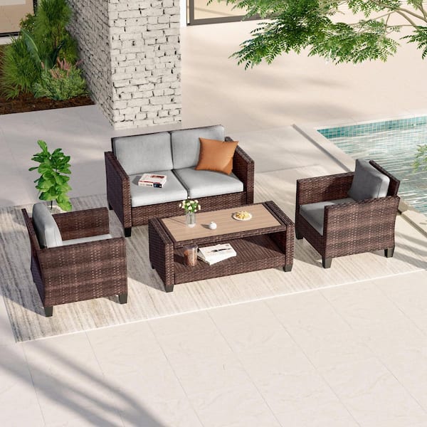 4-Pieces Patio Conversation Set Outdoor Loveseat Sofa with Coffee Table Brown Wicker Removable Linen Gray Cushions