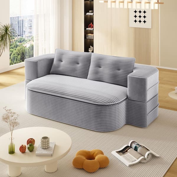 GJBSHM 41.7 in. Convertible Corduroy Fabric Full Size Sofa Bed with Tufted Backrest & Hidden Storage in Lavender Gray