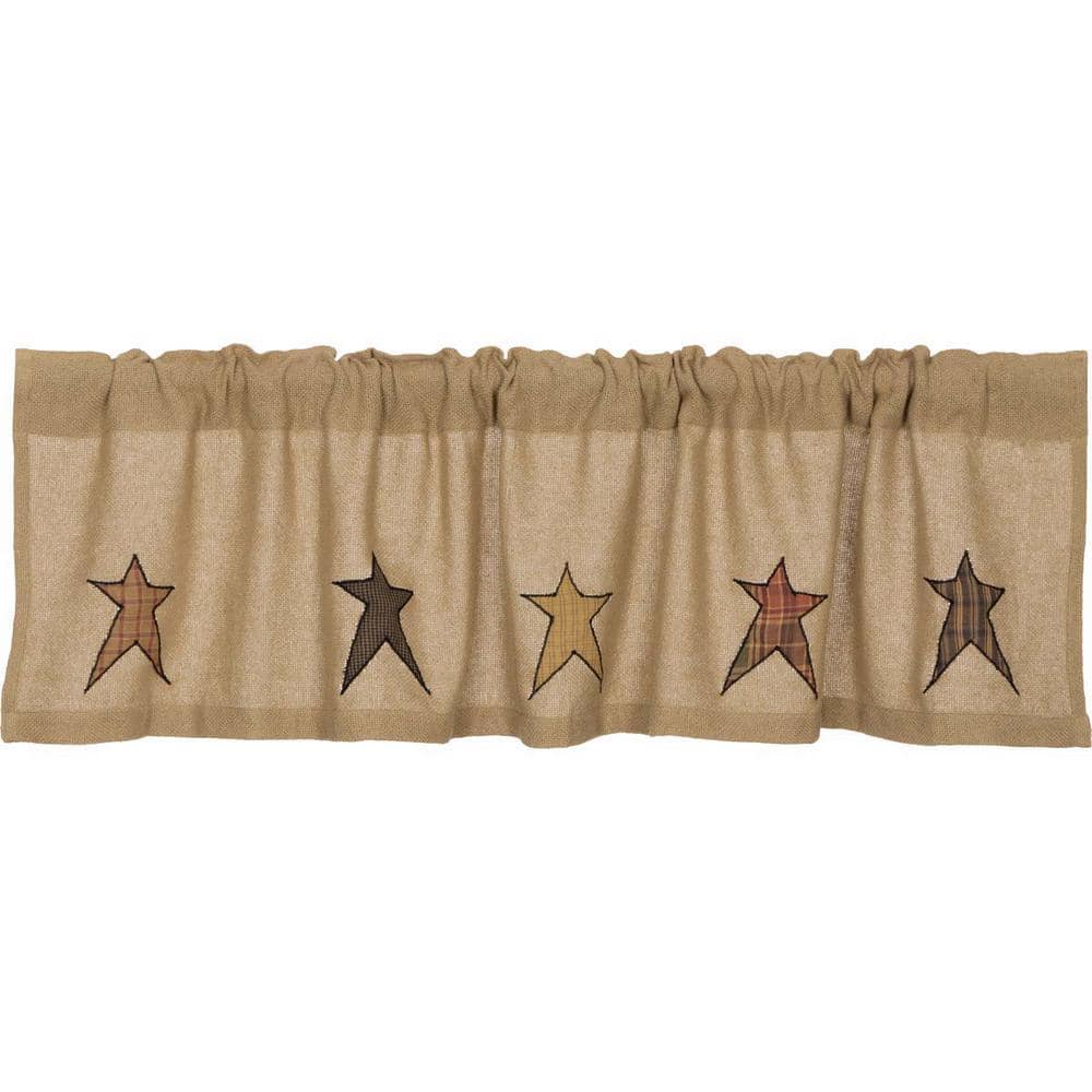 VHC Brands Stratton Burlap Star 60in. W x 16in. L Cotton Straight Edge Rod  Pocket Primitive Kitchen Curtain Valance in Tan 17999 - The Home Depot