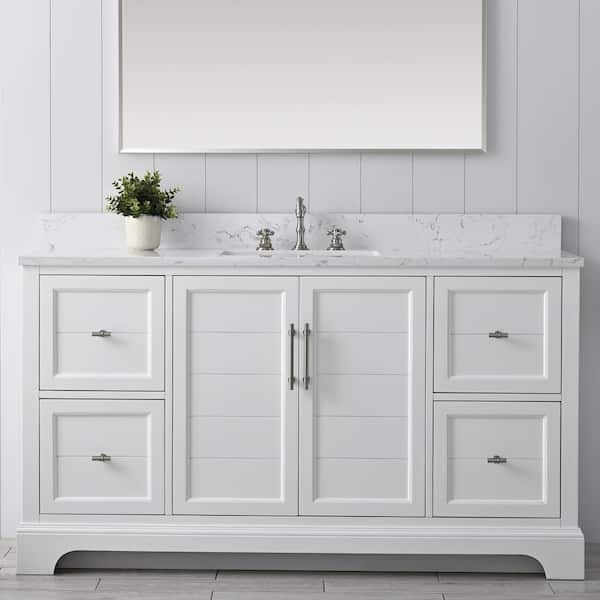 Chambery 60 in. W x 22 in. D x 34.5 in. H Bathroom Vanity in White with Engineered Marble Top