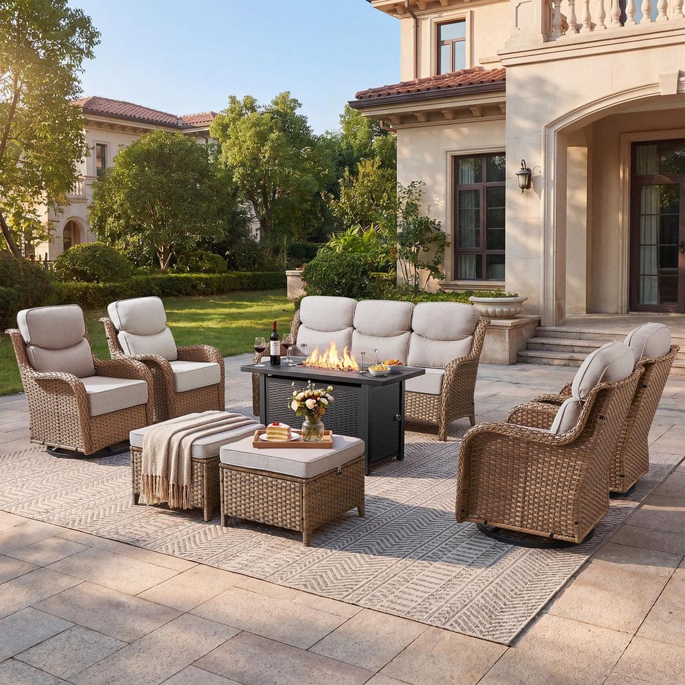 MoonLuxe Yellow Wicker Fire Pit Conversation Set with Beige Olefin 6 In. Thick Cushions Patio Swivel Chairs (8-Piece) price history on PriceWatchPro