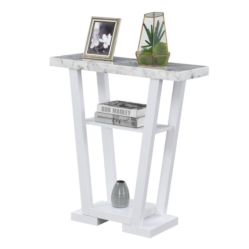 Faux White Marble and Wood Console Table with Storage