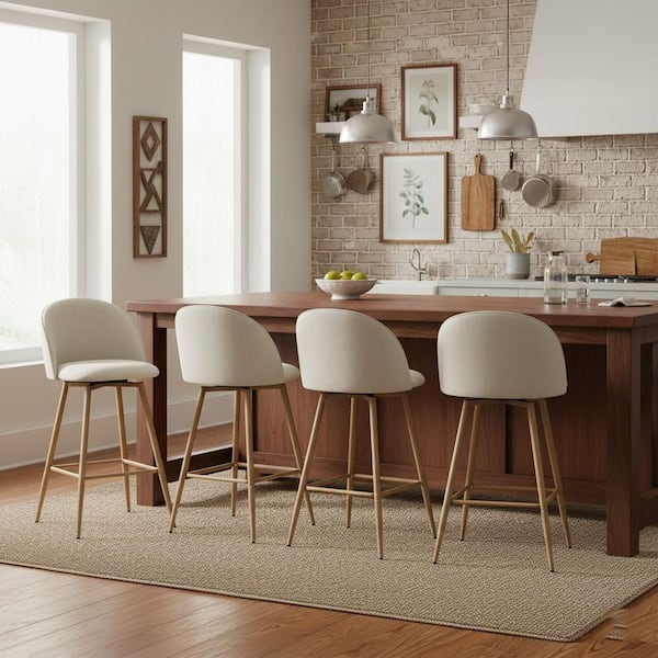 Haseeb 26 in. Modern Swivel Upholstered Counter Height Bar Stool with Curved Back Ivory White Fabric/Oak Legs (Set of 4)