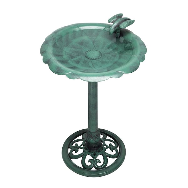 31 in. Tall Outdoor Antique Flower Birdbath with Bird Decoration Yard Statue, Green