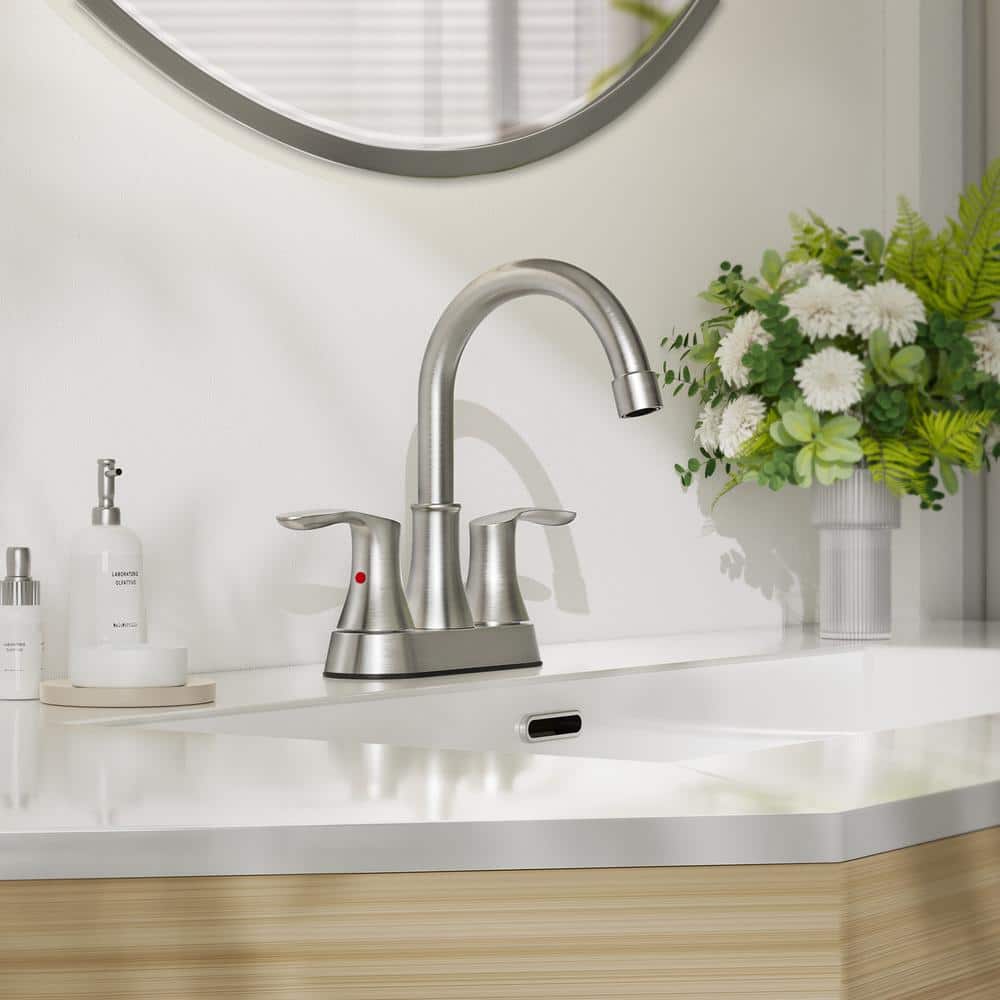 Brushed Nickel High Arc Double Handle Bathroom Faucet