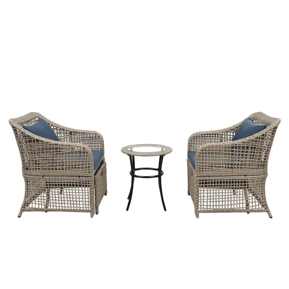 Brown Rattan 5-Piece Wood Outdoor Bistro Set Wicker Chairs and Glass Table 