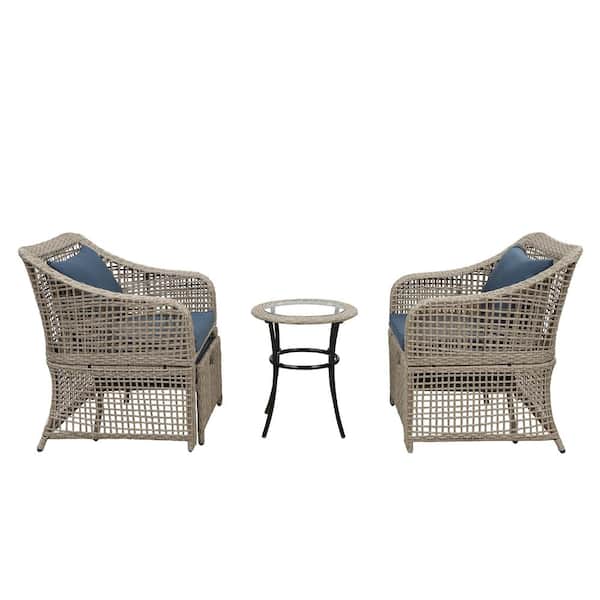 Unbranded Brown Rattan 5-Piece Wood Outdoor Bistro Set Wicker Chairs and Glass Table with Blue Cushions